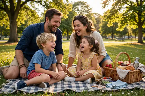 Joyful family picnic in a sunny park on Saturday afternoon, a blessings image for family and friends