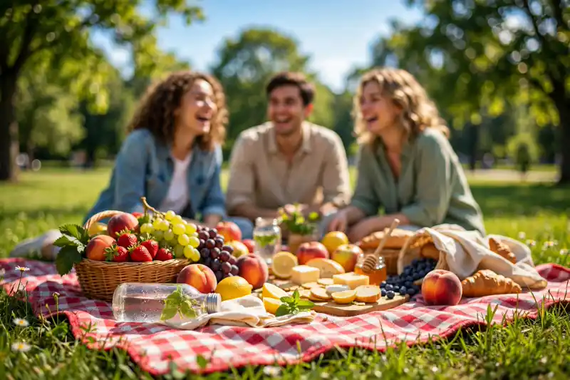 Family enjoying a sunny weekend picnic under a bright blue sky