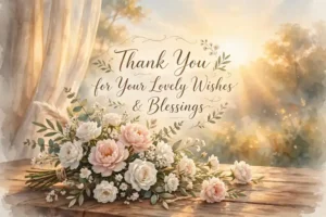 Thank-you card reading 'Thank You for Your Lovely Wishes & Blessings' over flowers at sunrise