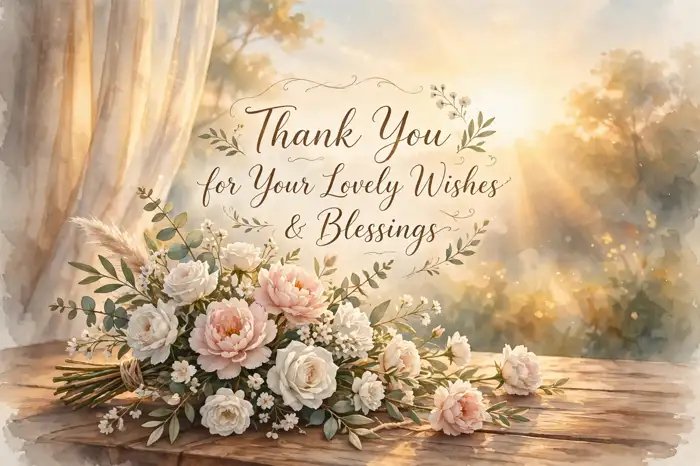 Thank-you card reading 'Thank You for Your Lovely Wishes & Blessings' over flowers at sunrise