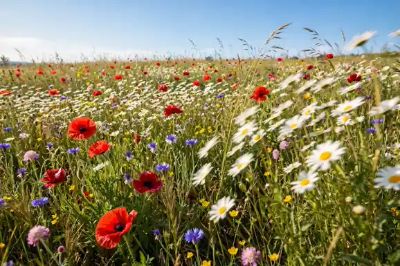 Bright wildflowers swaying gently in the warm sunshine