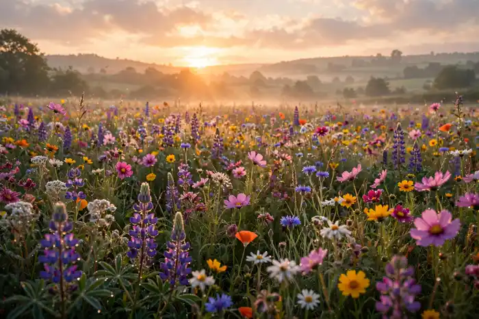 Sunrise over a field of wildflowers symbolising gratitude for lovely wishes and blessings