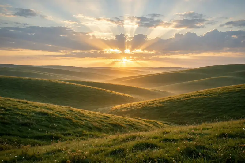 Cheerful sunrise glowing golden over a peaceful landscape