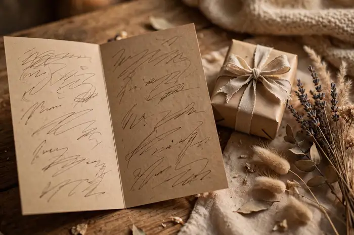 Handwritten thank-you card beside a wrapped gift, thanking friends for birthday wishes