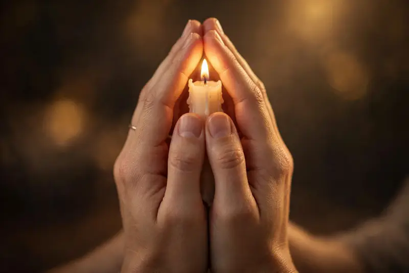 Hands folded in prayer holding a candle, grateful for blessings and prayers