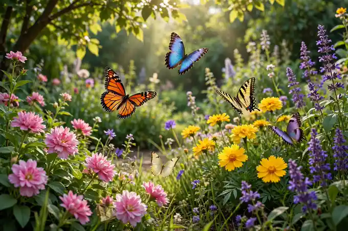 Colourful butterflies fluttering through a blooming summer garden