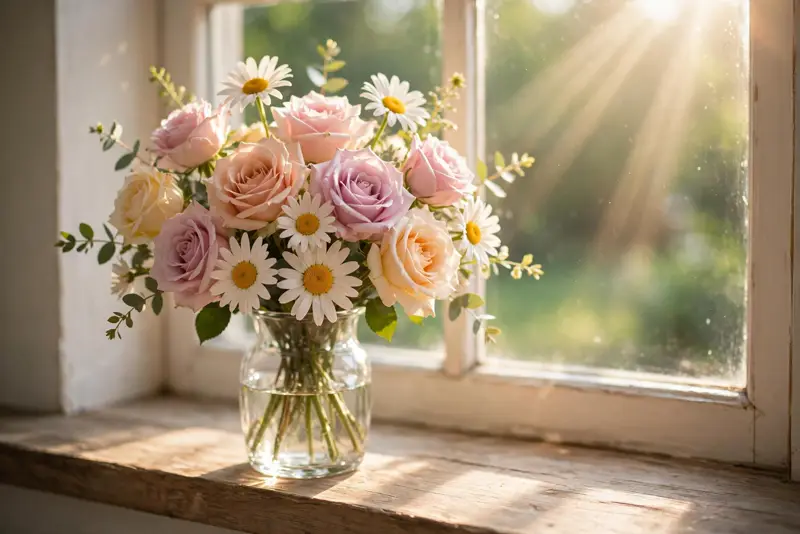 Pastel flowers on a sunny windowsill as a thank you for kind wishes