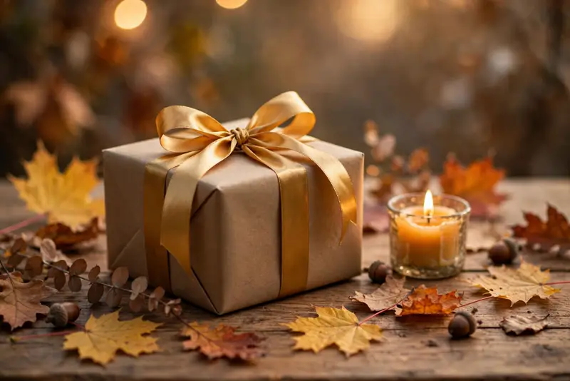 Gift box with a golden ribbon and autumn leaves expressing gratitude for blessings