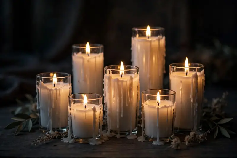 Lit candles glowing softly in the evening at the start of Yom Kippur
