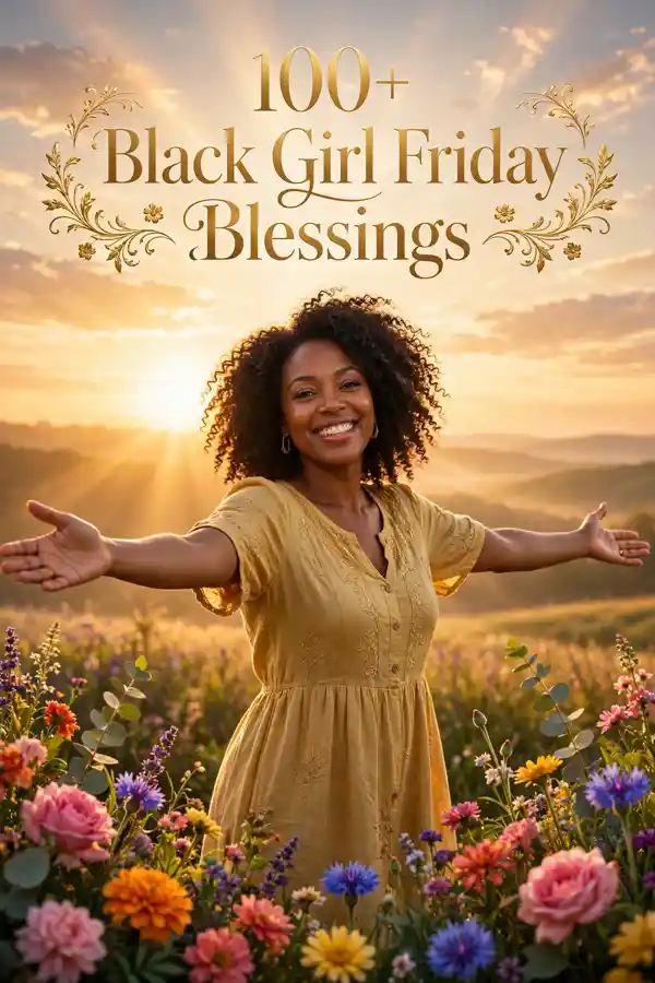 100+ Black Girl Friday Blessings – joyful sunrise celebration graphic with a smiling Black woman and flowers