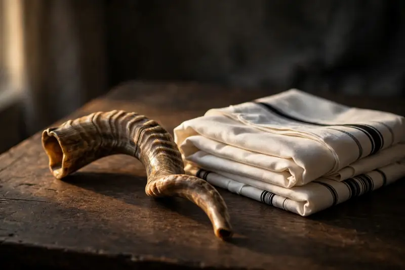 A shofar horn resting on a table beside a folded tallit prayer shawl