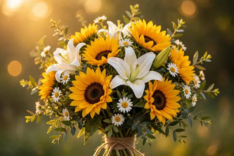 Vibrant bouquet of sunflowers, lilies and daisies in warm morning light – happy Friday wishes for Black women