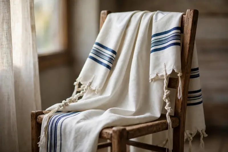 A tallit prayer shawl draped over a chair in soft window light