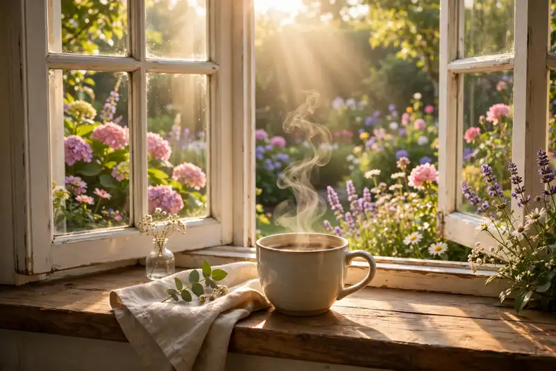 Steaming cup of coffee by a sunny window with a blooming garden outside – blessed Friday morning
