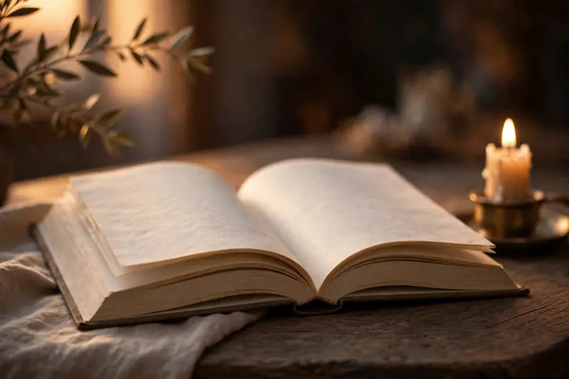 An open prayer book beside a softly glowing candle during evening reflection