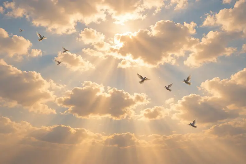 Golden sun rays breaking through soft clouds with doves – peaceful Friday blessings