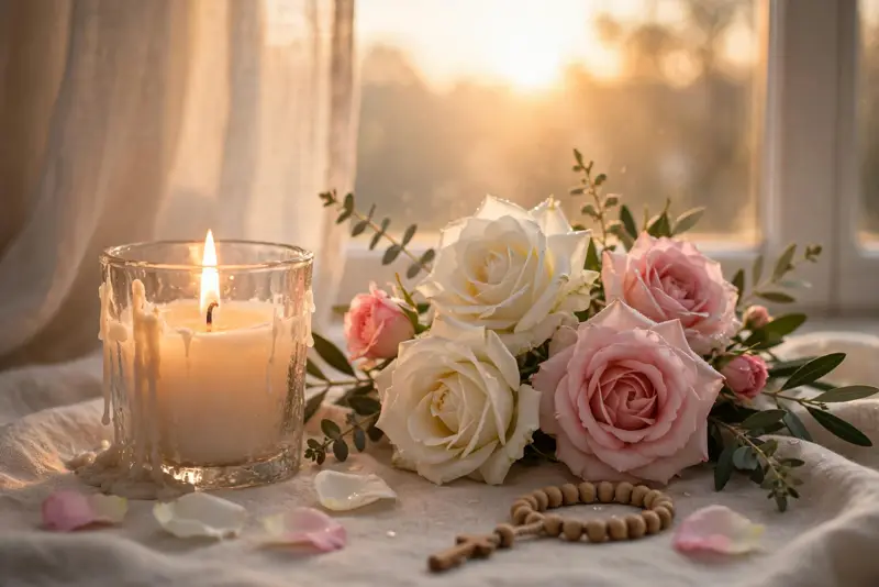Glowing candlelight beside white and pink roses in warm sunrise glow – Friday prayer blessings