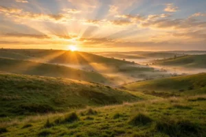 Golden sunrise over rolling green hills, rays of warm light spreading across a peaceful morning sky