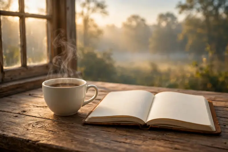 Steaming coffee cup beside an open journal on a wooden table at dawn, soft morning light