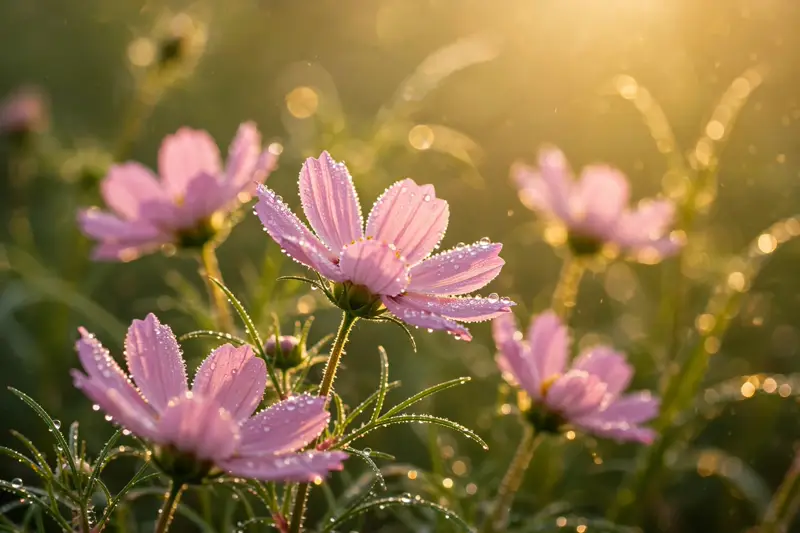 Dew-covered pink flowers glowing in soft golden morning sunlight