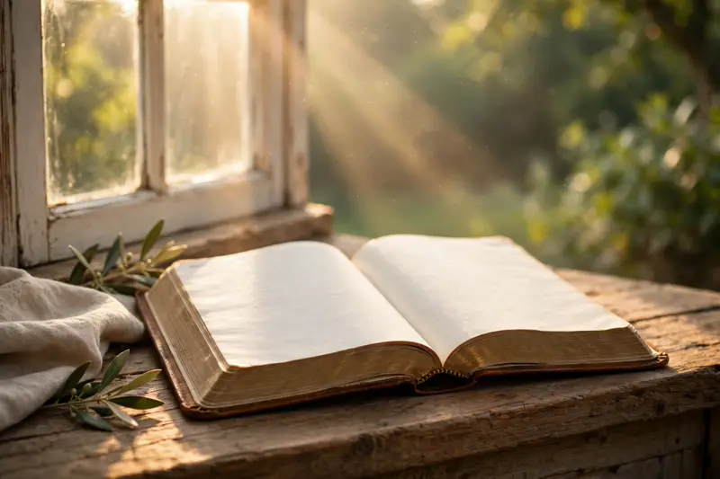 Open Bible resting by a sunlit window with gentle morning rays falling across the pages