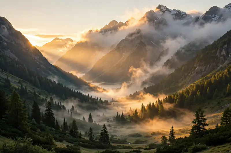 Mountain valley glowing with warm golden light at sunrise, mist lifting from the peaks
