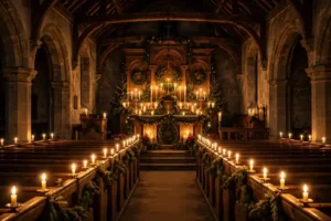 Candlelit church interior on Christmas Eve with glowing altar and congregation