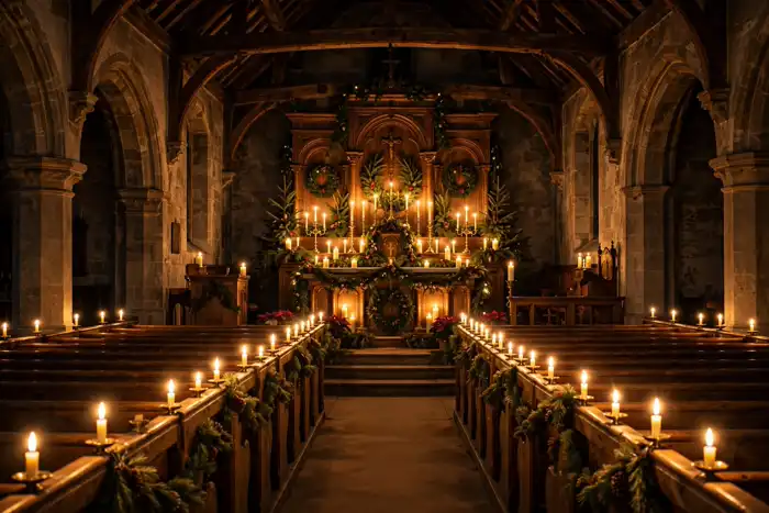 Candlelit church interior on Christmas Eve with glowing altar and congregation