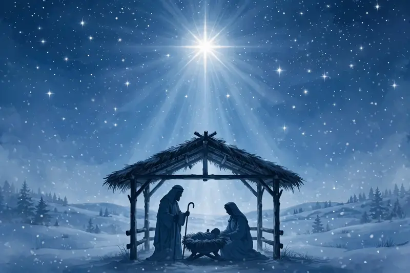 Nativity silhouette under a starry winter night sky with the bright star of Bethlehem
