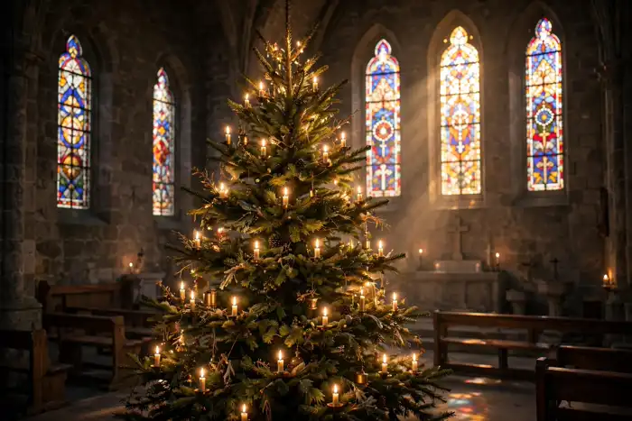Glowing Christmas tree with candles inside a peaceful chapel
