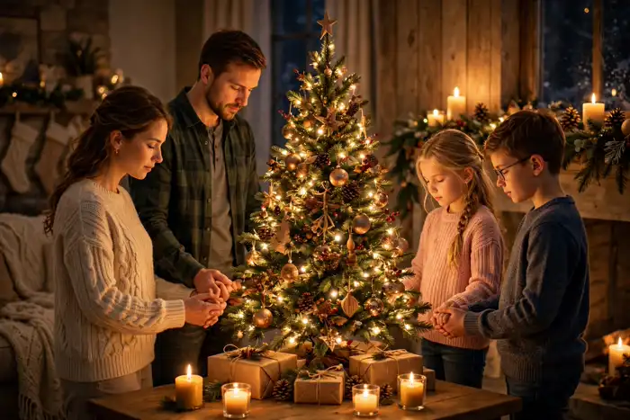 Family praying together by candlelight on Christmas Eve beside a decorated tree