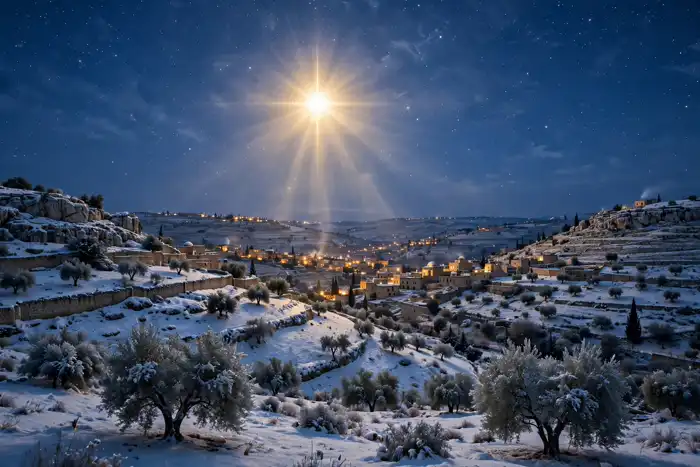 Bright shining star over snowy Bethlehem-style hills on Christmas Eve