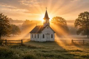 Golden sunrise glowing behind a quiet country church on a Sunday morning