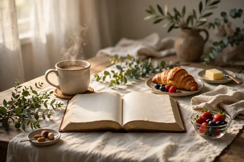 Sunday breakfast table with steaming coffee and an open Bible in soft morning light