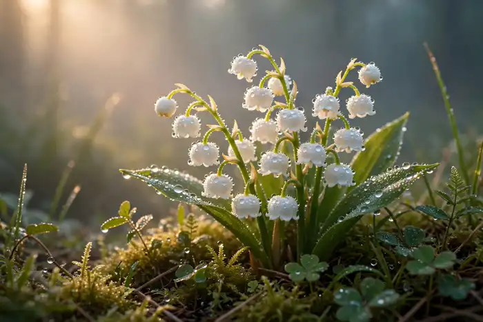 Dew-covered white flowers glowing at dawn on a Sunday morning