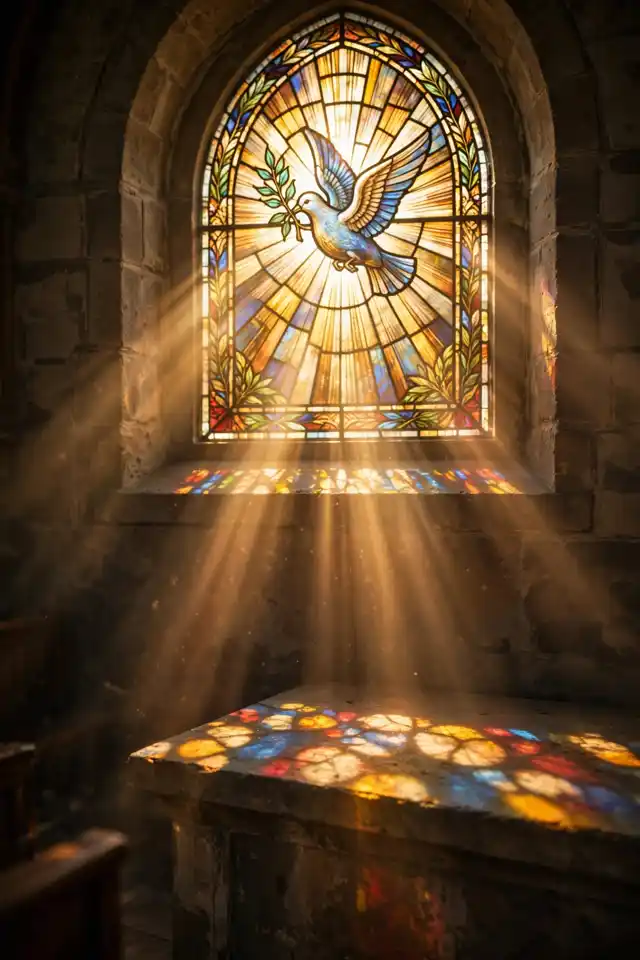 Warm sunlight streaming through a church stained-glass window