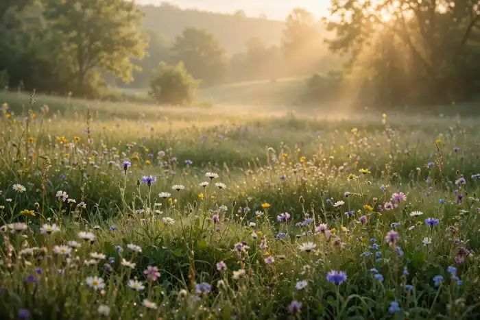 Peaceful Sunday morning meadow with soft golden light and wildflowers