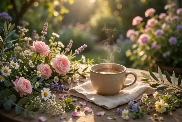 Peaceful Saturday morning coffee cup on a garden table surrounded by soft sunlight and blooming flowers