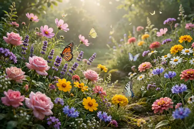 Colourful flower garden glowing in soft Saturday morning light with butterflies