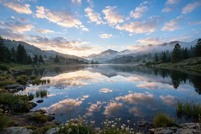 Calm lake reflecting a bright blue sky with soft clouds on a peaceful Saturday