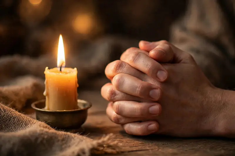 Lit candle beside folded hands in prayer with warm golden light