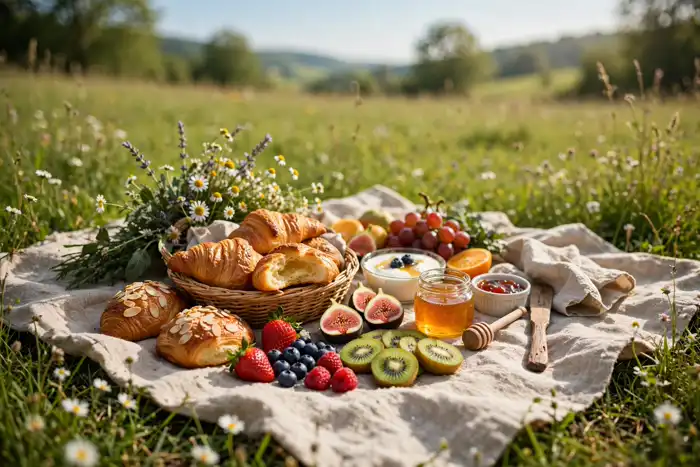 Sunny breakfast picnic blanket with fresh fruit and pastries in a green meadow