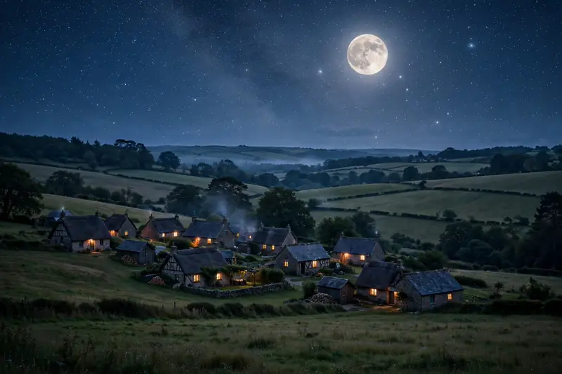 Peaceful sleeping village under a starry night sky with a full moon
