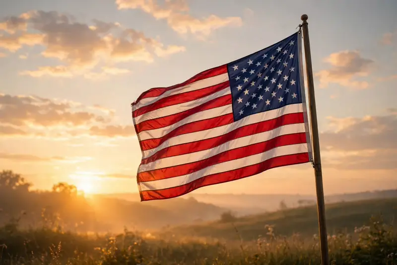 American flag waving at sunrise, illustrating 'to secure the blessings of liberty'