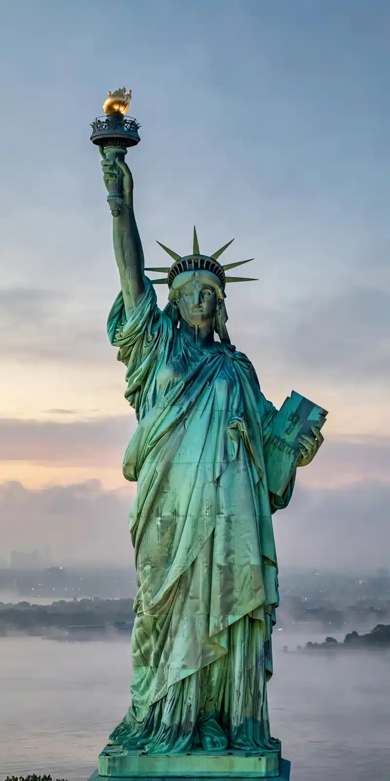 The Statue of Liberty holding her torch high at dawn