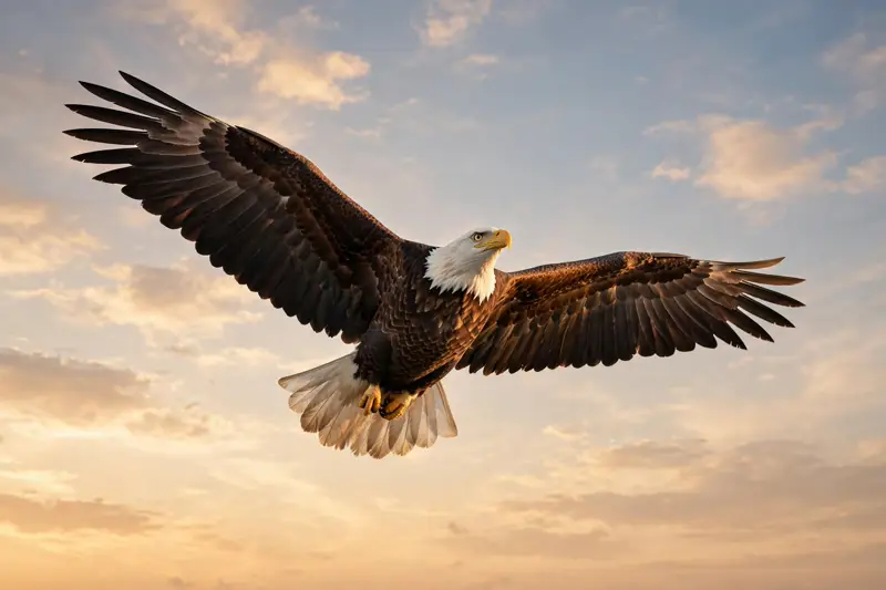 A bald eagle soaring through warm morning light, a symbol of American freedom