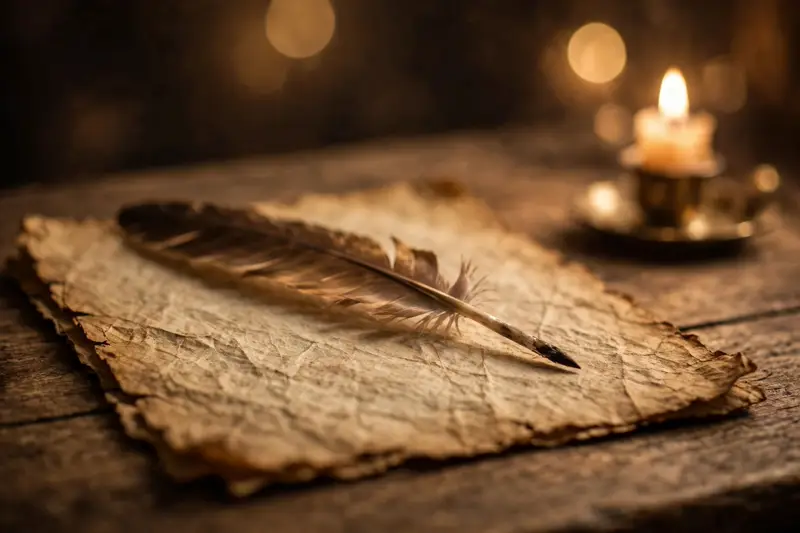 A quill resting on aged parchment by candlelight, recalling the drafting of the Constitution