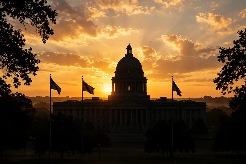Sunrise behind a domed government building silhouette with flags