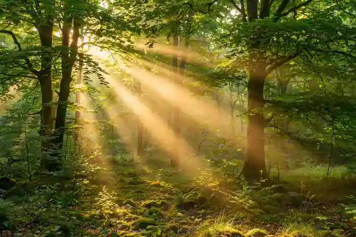 Warm midday sunlight filtering through lush green trees, symbolising peaceful wednesday afternoon blessings