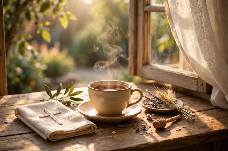 A cup of afternoon tea resting on a sunlit wooden table beside an open window